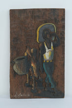 Load image into Gallery viewer, Signed Hand Carved Wood Folk Art Wall Plaque Man Donkey Burro Relief 14 Inch
