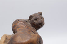 Load image into Gallery viewer, Hand Carved Wood Mountain Lion on Tree Stump Sculpture 9 Inch Rustic Folk Art