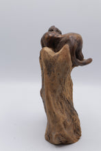 Load image into Gallery viewer, Hand Carved Wood Mountain Lion on Tree Stump Sculpture 9 Inch Rustic Folk Art