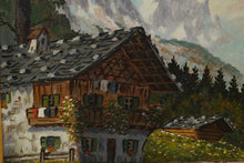 Load image into Gallery viewer, Alpine Chalet Landscape Painting – Original Oil on Canvas in Ornate Gold Frame, 11.75 x 13.5