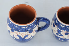 Load image into Gallery viewer, Pair Mexican Hand Painted Blue White Floral Pottery Mugs Terracotta Clay