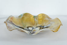 Load image into Gallery viewer, Vintage Hand Blown Art Glass Bowl Amber Black White Swirl Console Centerpiece
