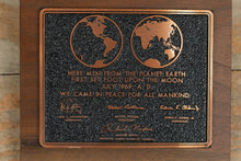 Load image into Gallery viewer, Apollo 11 Commemorative Plaque – “We Came in Peace for All Mankind” Copper-Tone Cast on Wood – 5.5" Display