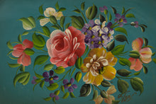 Load image into Gallery viewer, Vintage Nashco Hand Painted Floral Tole Tray Turquoise Metal Serving Tray New York