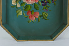 Load image into Gallery viewer, Vintage Nashco Hand Painted Floral Tole Tray Turquoise Metal Serving Tray New York