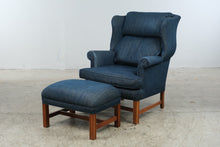 Load image into Gallery viewer, Navy Upholstered Wingback Chair with Matching Ottoman and Wood Legs