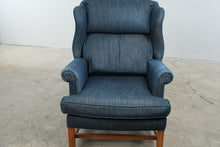 Load image into Gallery viewer, Navy Upholstered Wingback Chair with Matching Ottoman and Wood Legs