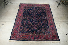 Load image into Gallery viewer, Vintage Handmade Persian Sarouk Style Wool Area Rug 94 x 120 Navy Floral Carpet