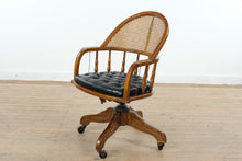 Load image into Gallery viewer, Vintage Oak Cane Back Swivel Office Chair with Tufted Leather Seat and Casters