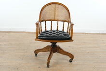 Load image into Gallery viewer, Vintage Oak Cane Back Swivel Office Chair with Tufted Leather Seat and Casters