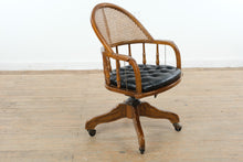 Load image into Gallery viewer, Vintage Oak Cane Back Swivel Office Chair with Tufted Leather Seat and Casters