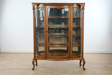 Load image into Gallery viewer, Antique Tiger Oak Curved Glass Curio Cabinet with Leaded Glass and Claw Feet