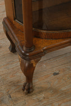 Load image into Gallery viewer, Antique Tiger Oak Curved Glass Curio Cabinet with Leaded Glass and Claw Feet