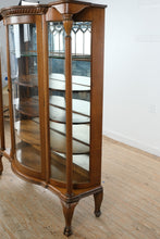 Load image into Gallery viewer, Antique Tiger Oak Curved Glass Curio Cabinet with Leaded Glass and Claw Feet