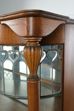 Load image into Gallery viewer, Antique Tiger Oak Curved Glass Curio Cabinet with Leaded Glass and Claw Feet