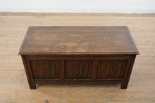 Load image into Gallery viewer, Vintage Solid Oak Hope Chest Blanket Storage Trunk Carved Panel Front