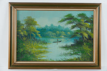 Load image into Gallery viewer, Vintage Original Oil Painting Tropical River Fisherman Landscape Framed 43 x 31