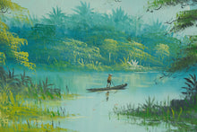 Load image into Gallery viewer, Vintage Original Oil Painting Tropical River Fisherman Landscape Framed 43 x 31