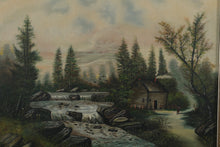 Load image into Gallery viewer, Vintage Oil on Canvas – Rustic Cabin by Waterfall in Forest Landscape – 34" × 28" Framed