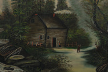 Load image into Gallery viewer, Vintage Oil on Canvas – Rustic Cabin by Waterfall in Forest Landscape – 34" × 28" Framed