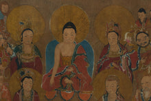 Load image into Gallery viewer, Original Hand-Painted Asian Scroll-Style Artwork on Silk Mount – Multi-Figure Buddhist Deity Scene – 47" x 28" Framed