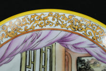 Load image into Gallery viewer, Hand-Painted Chinese Famille Rose Figure Scene Bowl – 10" Decorative Porcelain with Yellow Scroll Border & Studio Mark