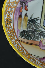 Load image into Gallery viewer, Hand-Painted Chinese Famille Rose Figure Scene Bowl – 10" Decorative Porcelain with Yellow Scroll Border & Studio Mark