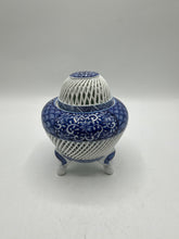 Load image into Gallery viewer, Blue White Porcelain Incense Burner Censer Pierced Lattice Tripod Footed Jar