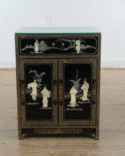 Load image into Gallery viewer, Hand-Painted Black Lacquer Chinoiserie Cabinet with Mother-of-Pearl Inlay & Glass Top