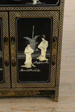 Load image into Gallery viewer, Hand-Painted Black Lacquer Chinoiserie Cabinet with Mother-of-Pearl Inlay & Glass Top