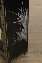 Load image into Gallery viewer, Hand-Painted Black Lacquer Chinoiserie Cabinet with Mother-of-Pearl Inlay & Glass Top