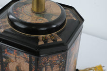 Load image into Gallery viewer, Vintage Converted Metal Tea Tin Lamp Base – Peacock Scene Lithograph Panels