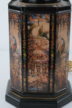 Load image into Gallery viewer, Vintage Converted Metal Tea Tin Lamp Base – Peacock Scene Lithograph Panels