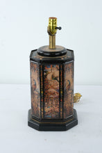 Load image into Gallery viewer, Vintage Converted Metal Tea Tin Lamp Base – Peacock Scene Lithograph Panels