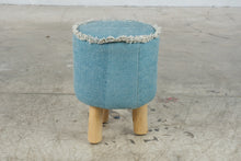 Load image into Gallery viewer, Blue Woven Upholstered Round Footstool Ottoman Fringe Trim Wood Legs 17 Inch