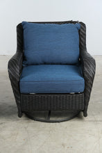 Load image into Gallery viewer, Pair of Woven Outdoor Swivel Lounge Chairs with Blue Cushions