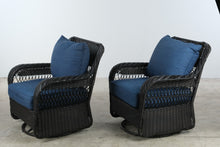 Load image into Gallery viewer, Pair of Woven Outdoor Swivel Lounge Chairs with Blue Cushions