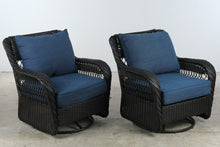 Load image into Gallery viewer, Pair of Woven Outdoor Swivel Lounge Chairs with Blue Cushions
