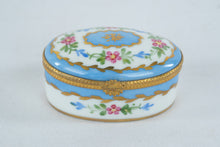 Load image into Gallery viewer, Limoges France Oval Porcelain Trinket Box Hand Decorated Blue Floral Gold Trim