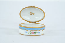 Load image into Gallery viewer, Limoges France Oval Porcelain Trinket Box Hand Decorated Blue Floral Gold Trim