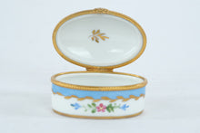 Load image into Gallery viewer, Limoges France Oval Porcelain Trinket Box Hand Decorated Blue Floral Gold Trim