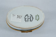 Load image into Gallery viewer, Limoges France Oval Porcelain Trinket Box Hand Decorated Blue Floral Gold Trim