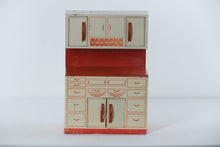 Load image into Gallery viewer, Vintage 1950s Wolverine Tin Toy Kitchen Cabinet with Upper Hutch #1 – Red & Cream Lithographed Metal