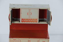 Load image into Gallery viewer, Vintage 1950s Wolverine Tin Toy Kitchen Cabinet with Upper Hutch #1 – Red & Cream Lithographed Metal