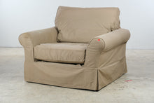 Load image into Gallery viewer, Oversized Beige Slipcovered Armchair with Rolled Arms
