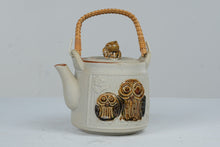 Load image into Gallery viewer, Vintage Japanese Owl Stoneware Teapot Rattan Handle 1970s Pottery