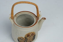 Load image into Gallery viewer, Vintage Japanese Owl Stoneware Teapot Rattan Handle 1970s Pottery