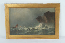 Load image into Gallery viewer, Antique Oil Painting Seascape Cliffs Sailing Boats Original Canvas 19x12 5