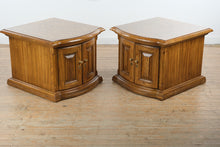 Load image into Gallery viewer, Traditional Burl Wood Cabinet End Tables Pair Curved Front Side Tables