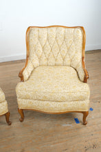 Load image into Gallery viewer, Pair of Vintage French Provincial Tufted Lounge Chairs – Floral Upholstery & Carved Wood Frames